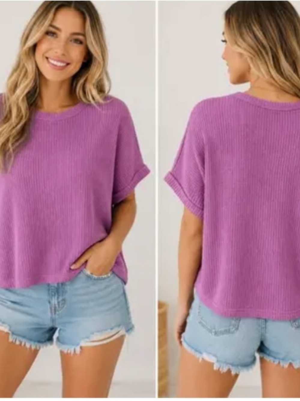 Zenana Outfitters Lavender Purple Ribbed Short-Sleeve Top